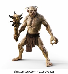 Portrait of a evil troll with spiked club, ready for battle on an isolated white background. 3d rendering