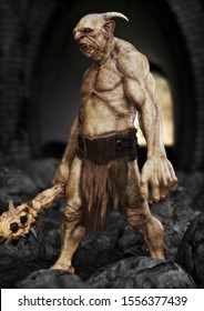 Portrait Of A Evil Troll With Spiked Club, Patrolling Under A Bridge.3d Rendering