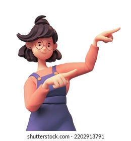 Portrait of excited smiling positive funny casual brunette girl in glasses wearing blue overalls, red t-shirt pointing her finger showing you way. Minimal style. 3d render isolated on white backdrop.