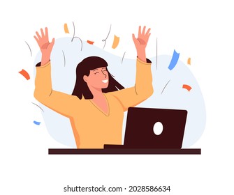 Portrait Of An Excited Young Girl With Laptop Computer And Celebrating Success Isolated Over Yellow Background, Hand Drawn Illustration Doodle Style. Celebrating, Online Birthday Conference.