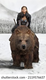 Portrait Of A Fantasy Dark Haired Female Warrior Wearing Armor And A Fur Coat Riding Through The Snow Plains On Her Mounted Brown Bear. 3d Rendering