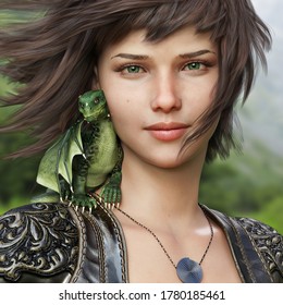 Portrait of a fantasy female and her mythical little dragon .3d rendering