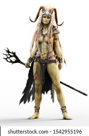 Portrait of a fantasy female orc shaman with staff and native outfit including a cloak and horned skull headdress on a white background. 3d rendering
