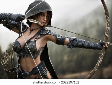 Portrait of a fantasy female Ranger archer aiming at her target from a distance wearing leather armor , hooded cloak and equipped with a bow. 3d rendering
