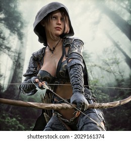 Portrait of a fantasy female Ranger standing ready watching her target from a distance wearing leather armor , hooded cloak and equipped with a bow. 3d rendering with a forest background
