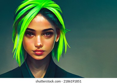 Portrait Of A Fantasy Girl With Green Hair And Negative Space, Young Woman On Light Blue Background With Copy Space 3d Rendering