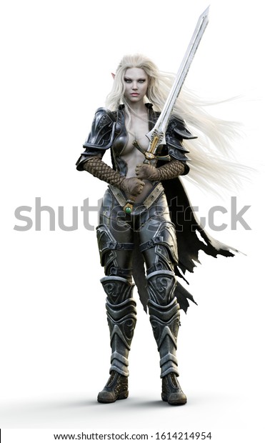 白い長髪で剣を装備した ファンタジーで重装甲のセクシーな黒い女性戦士のポートレート 3dレンダリング 白い背景にファンタジーイラスト のイラスト素材