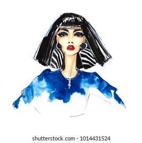 Portrait Fashionable Woman Short Black Hair Stock Illustration