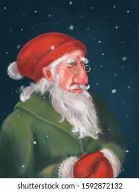 Portrait Of Father Christmas In Red Hat And Green Coat With Snow Falling Behind - Hand Drawn Illustration