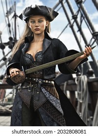 Portrait of a female pirate mercenary standing on the deck of her ship armed and ready for battle. 3d rendering