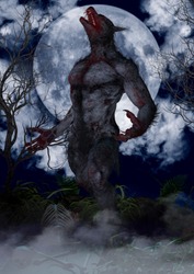 Portrait Of A Fierce And Creepy Werewolf. 3D Illustration. 