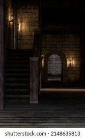 Portrait Format 3D Rendering Of Medieval Castle Hallway And Stairs.