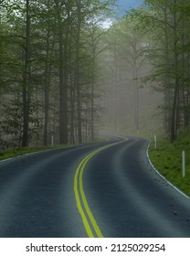 Portrait format view of an empty road through a forest with yellow lines on the road and mist in the distance. 3D illustration.
