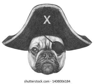 Portrait of French Bulldog with pirate hat and eye patch. Hand-drawn illustration. 