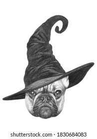 Portrait of French Bulldog with a witch hat. Halloween illustration