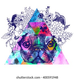 Portrait of a french bulldog with wreath of flowers. Hand drawn raster illustration. Dog  in the boho style for your blog, logo and other design.