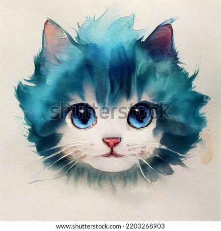 Portrait of a funny blue kitten. Colorful watercolor painting. Illustration for books, children's fairy tales, t-shirt print, card, posters, etc.