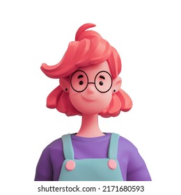 Portrait Of Funny Casual Red-haired Girl In Glasses Wears Green Overalls Purple T-shirt. Bright Portrait Of Teenage Character. Young Woman Avatar In Minimal Style. 3d Render Isolated On White Backdrop