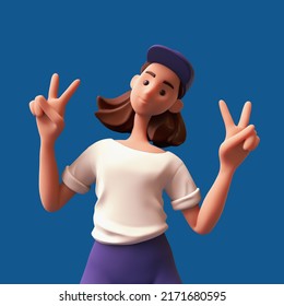 Portrait Of Funny Kawaii Casual Brunette K-pop Girl With Smiling Face Wears White T-shirt, Blue Pants And Cap Shows Fingers Doing Peace Sign, Victory Symbol, Number Two, Successful Person. 3d Render.