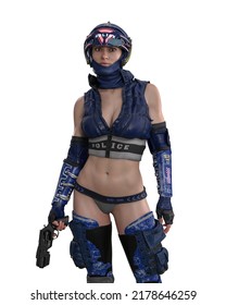 Portrait Of Futuristic Cyberpunk Female Police Officer Standing With Gun In Hand. 3D Illustration Isolated On White Background.