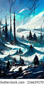 Portrait Game Background Snow Ice Forest Landscape Cave Texture 3D Illustration	