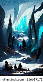 Portrait Game Background Snow Ice Forest Landscape Cave Texture 3D Illustration	