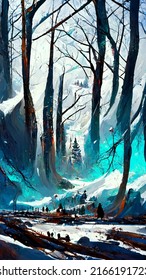 Portrait Game Background Snow Ice Forest Landscape Cave Texture 3D Illustration	