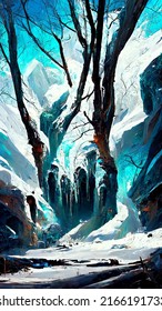 Portrait Game Background Snow Ice Forest Landscape Cave Texture 3D Illustration	