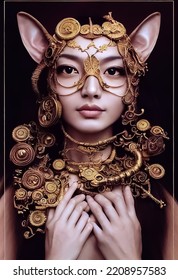 Portrait Of A Girl With Beautiful Cat Ears, Many Unique Jewelry On Her Body, 3D Illustration.