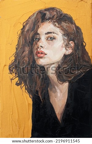 Portrait of a girl on a gold background. Portrait of a young beautiful women with red lips. Fragment of oil painting on canvas.