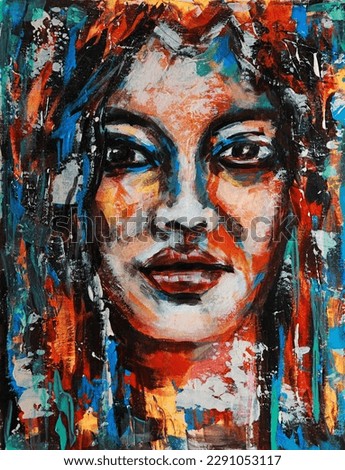 Portrait of a girl - painting with oil in pop art style. Colorful portrait of a beautiful emotional woman. Conceptual abstract multicolor close up handmade oil painting on canvas