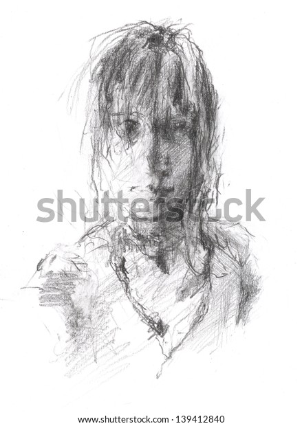Portrait Girl Wild Hair Pencil Drawing Stockillustration
