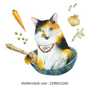 Portrait Girl-Cat Maroussia. Chef. Watercolor hand drawn illustration. 