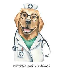 Portrait of a golden retriever dog in a doctor's costume. Watercolor illustration. An isolated object from the VETERINARY collection. For the design and design of advertising clinics, pharmacies. - Powered by Shutterstock