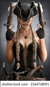 Portrait of gorgeous sexy pirate bounty hunter female with long braided brown hair. Young mysterious woman is wearing a black corset bustier, tricorn hat , gun belt and armed with pistols.3d rendering