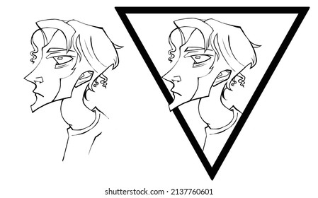 Portrait Of A Guy In Profile. Avatar Stylized Simplified Face Line Drawing. Young Man With Long Nose Curly Hair In Triangle
Serious Face Cartoon Character
Line Art Ink Digital Drawing Barbershop Logo
