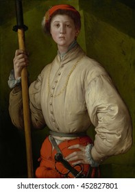 Portrait Of A Halberdier, By Pontormo, 1528-30, Italian Renaissance Painting, Oil And Tempera, On Panel. Standing Before A Fortress Wall, A Foot Soldier, Francesco Guardi, Holds A Combination Spear A