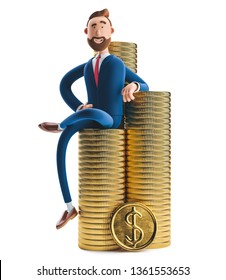 Portrait Of A Handsome Cartoon Character Billy With A Stack Of Money. 3d Illustration