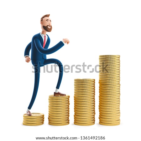 Portrait of a handsome cartoon character Billy with a stack of money. 3d illustration