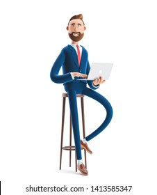 Portrait Of A Handsome Cartoon Character With Laptop. 3d Illustration