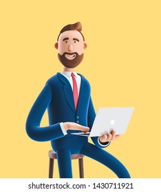 Portrait Of A Handsome Cartoon Character With Laptop On Yellow Background. 3d Illustration