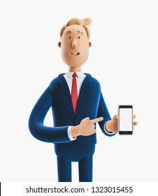 Portrait Of A Handsome Cartoon Character With Mobile Phone. 3d Illustration