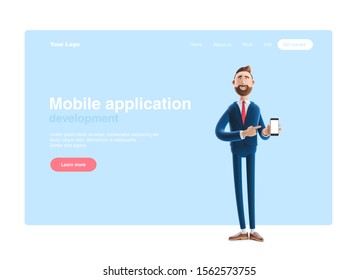 Portrait Of A Handsome Cartoon Character With Mobile Phone. 3d Illustration. Web Banner, Start Site Page, Infographics,  Mobile Application Concept.