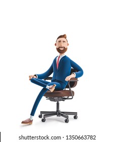 Portrait Of A Handsome Cartoon Character On Office Chair. 3d Illustration