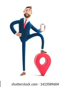 Portrait Of A Handsome Cartoon Character With Phone And Pin. GPS Concept. 3d Illustration