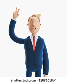 Portrait Of A Handsome Cartoon Character Showing Victory Sign. 3d Illustration