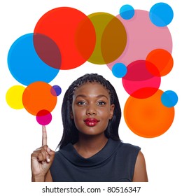 Portrait Of A Happy African American Business Woman Pointing Up With A Smile On White Background With Thought Bubble