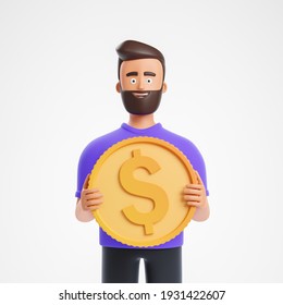 Portrait Of Happy Beard Cartoon Character Man In Purple Shirt Holding Dollar Coin Isolated Over White Background.  Success And Money Investment Concept. 3d Render Illustration.