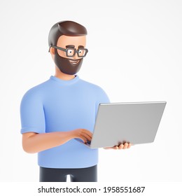 Portrait Of Happy Cartoon Beard Character Man In Glasses Use Laptop Over White Background. 3d Render Illustration.