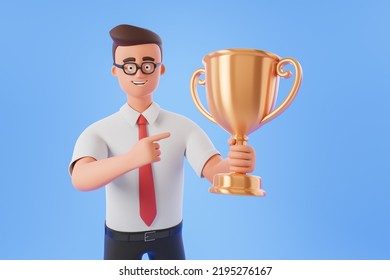 Portrait Happy Cartoon Character Businessman Hold Gold Prize Cup Over Blue Background. Leader Winner Concept. 3d Render Illustration.